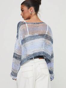 Colorblock Striped Hollow Out Off Shoulder Loose Short Beach Cover Up Casual Spring - Blue - View 3