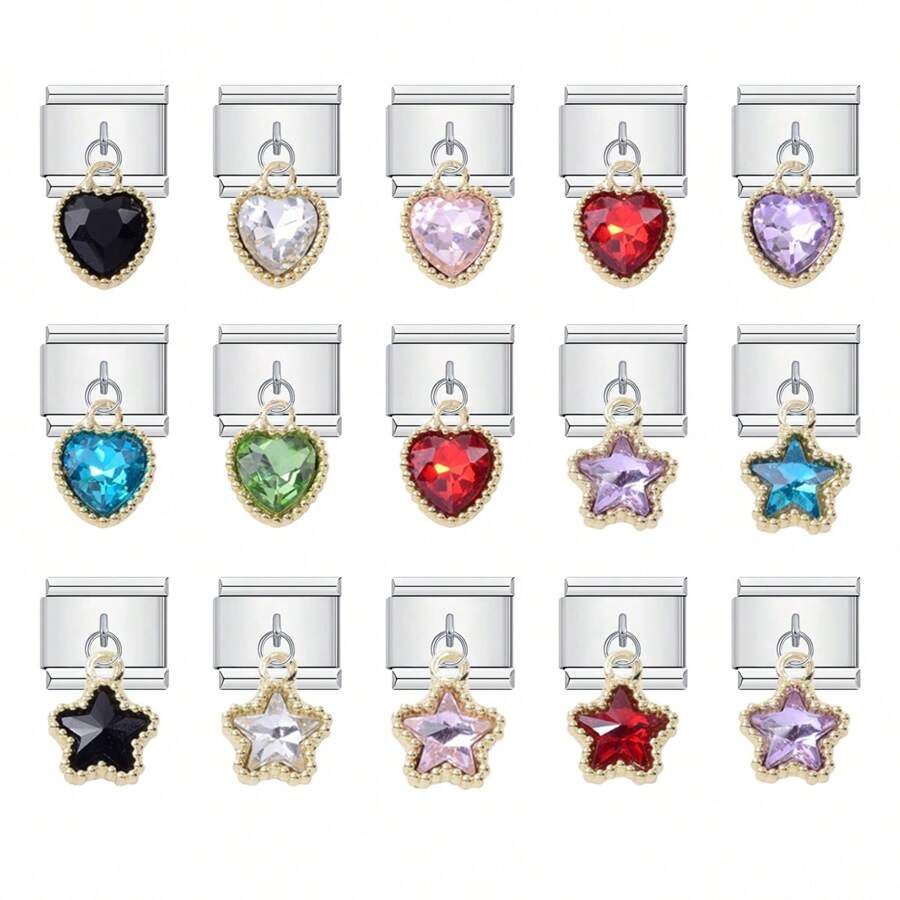 Heart & Star Design Colorful Gem Pendant, Italian Charm Bracelet For Women, Starter Bracelet For Girls, 9mm Italian Charms, Charm Opening Tool, Handmade Bracelet DIY Link Jewelry Gifts - Heart Star - View 1