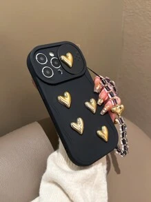 Creative DIY Electroplated Heart Wave Push Window Camera Lens Protection Anti-Fall Phone Case Compatible With Iphone 14 Pro Max, 13, 12, 12 Pro, 11, XS, & Elegant Design With Heart Lanyard Waterproof Shockproof Scratch Resistant - Gold - View 3