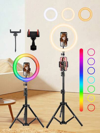 10 Inch Professional Selfie Ring Light With 110cm Aluminum Tripod And 2 Phone Clips, 38 Color Modes, Stepless Dimming, Fast LED, Multifunctional Tripod, Multifunctional Lighting, Suitable For Multiple Models Of Phones, Makeup, Live Streaming, Photography, Portable Phone Holder, Holiday Parties, Christmas Gift LED Light, With Flexible Tripod And Phone Holder, Battery Free Camera,