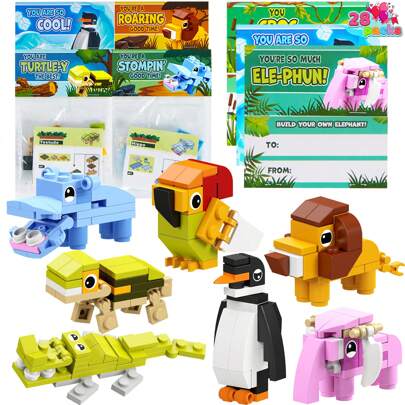 Joyfy 28 Packs Valentines Day Gift Cards With Animal Building Blocks For Valentine's Exchange Toy,Valentine Party Favor, Prize Supplies