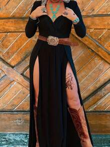 Thin Elegant V-Neck Sexy High Slit Dress For Cocktail Party, Honeymoon, Vacation, Birthday Party, Beach, No Belt Included