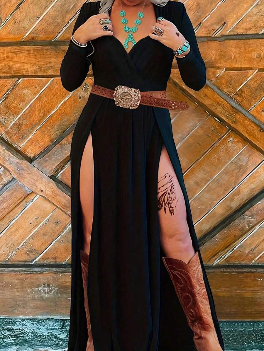 Thin Elegant V-Neck Sexy High Slit Dress For Cocktail Party, Honeymoon, Vacation, Birthday Party, Beach, No Belt Included