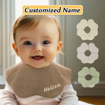 [Customized Item] 1pc Personalized Embroidered Name Baby Bib, Adjustable Snap Solid Color Infant Drool Bibs, Soft Breathable Absorbent, Customized Gift For Newborn, Birth, Christmas, Halloween, New Year
