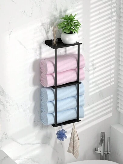 1 pieza Estante de almacenamiento de toallas de baño, barra para toallas montada en la pared con estante superior, soporte de toallas de gran capacidad para toallas enrolladas, accesorios de baño ahorradores de espacio y de fácil instalación