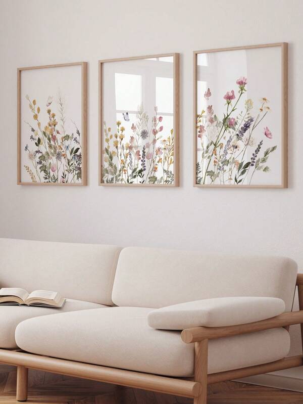 3 piezas de impresiones de arte en lienzo con mariposas y flores silvestres, póster botánico minimalista, arte moderno nórdico, pintura floral colorida, decoración de pared para dormitorio de niñas, sala de estar, hogar sin marco