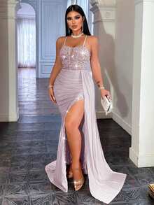 CHOSMO 高腰露背亮片拼接长款正式礼服，侧开衩，配缎带腰带，优雅迷人，适合情人节、圣诞节、正式场合、休闲婚礼、春季派对等场合。 - 淡紫色 - 查看 7