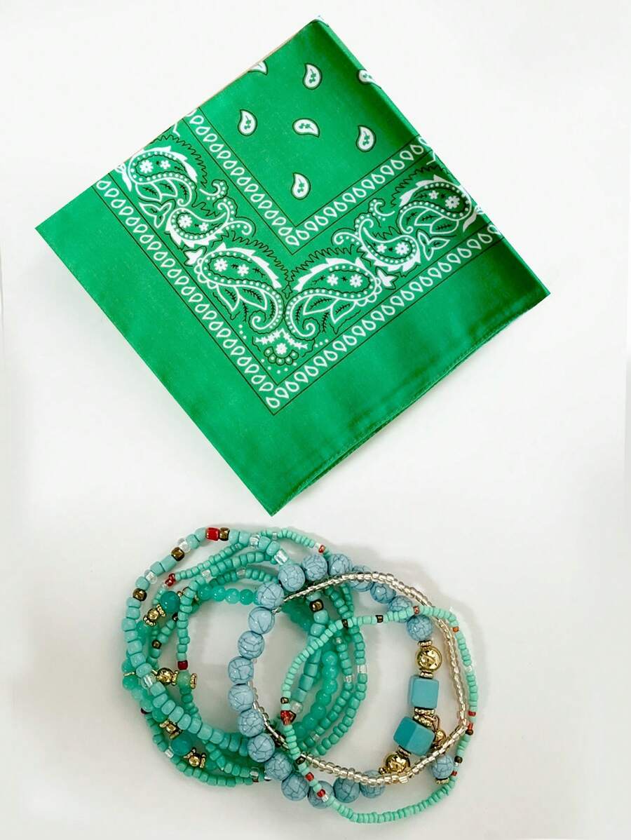 2pcs/Set Paisley Printed Bandana & Fashion Bandana Multicolor Bandana & Bohemian Style Beaded Bracelet Set Paisley Printed Bandana & Fashion Bandana Gift For Party Gift, Bachelor, Party, Daily Wear