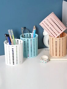 1pc Cartoon Rattan Plastic Pen Holder, Round Creative Hollow Desk Trash Can, Simple Design Office Stationery Storage Box, Back To School, School Supplies, Pencil Case, Pencil Pouch, School Bag - Multicolor - View 1