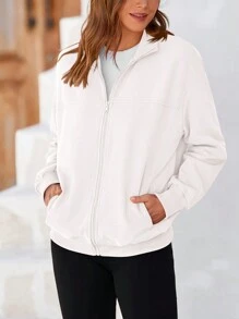 Chaqueta casual con cremallera completa, manga larga, corte holgado, con bolsillos, de moda para mujer en temporada de otoño