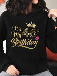 Women Hoodie It's My Birthday Print Sweatshirt Long Sleeve Hoodie Drawstring