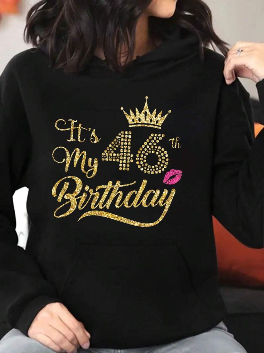 Women Hoodie It's My Birthday Print Sweatshirt Long Sleeve Hoodie Drawstring