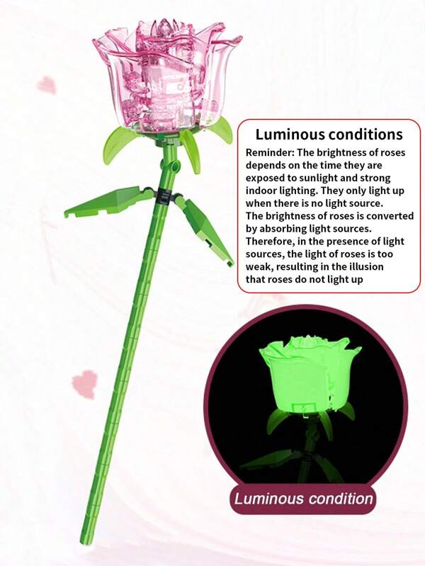 1pc Building Block Rose Flower, Multiple Colors, Eternal Rose Bouquet Building Block Toy, Can Be Used As Gift Or Decoration (Glow-In-The-Dark Rose Requires Light Exposure, The Stronger The Lighting, The Longer And Brighter It Glows)