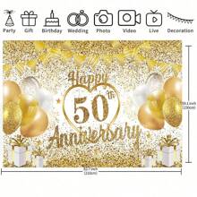 1 pièce, décoration de toile de fond pour le 50e anniversaire de mariage, blanc et or, "Happy 50th Anniversary" (50e anniversaire de mariage heureux), toile de fond dorée pour photographie, utilisée pour la décoration de la fête du 50e anniversaire de mariage, décoration de la maison, décoration de la pièce, studio de photographie.
