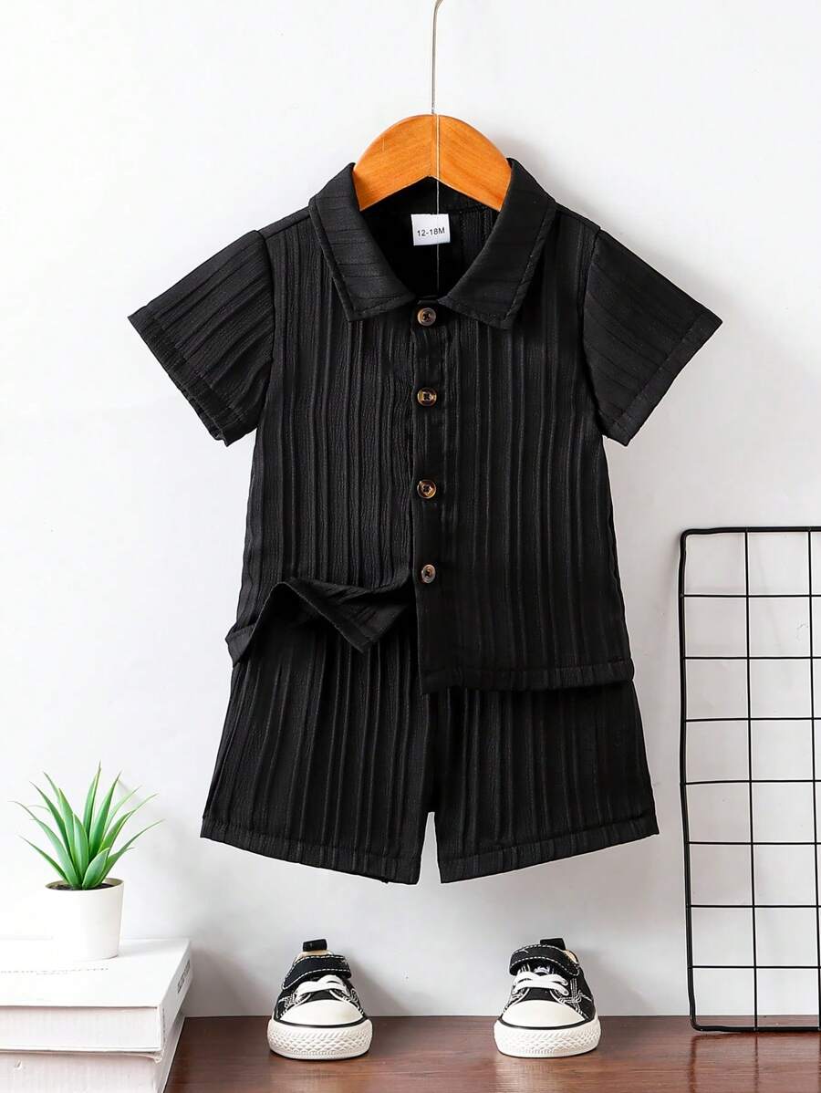 Young Boy Plain Color Short Sleeve Shirt And Shorts Set - Black - View 1