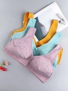 Set de 3 piezas Sujetador sin aros de talla grande con estampado floral y cierre delantero para mujeres, con tirantes anchos y suaves, lencería transpirable