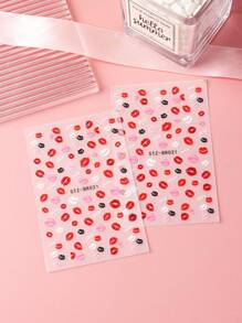 2PCS Glossy Kiss Print Nail Art Stickers, Red And Pink Lip Decals With Glitter Embellishment, Cartoon Love Theme Self-Adhesive Nail Decoration For Plastic Surfaces, Single Use, Unscented, Asymmetric Shape - Multicolor - View 3