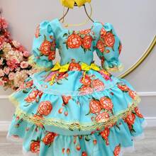 Vestido Fantasia Infantil Festa Junina Arraiá Verde Florido Com Apliques de Laços