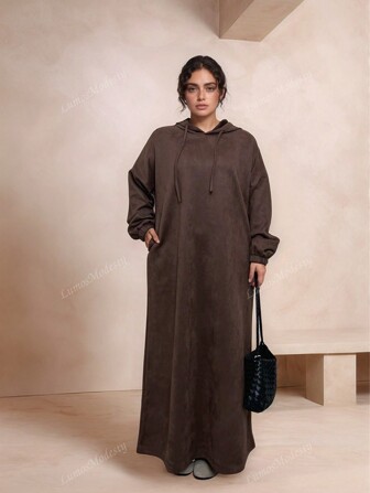 Minimalist Fashion Casual Everyday Premium Suede Hoodie Dress,Modest