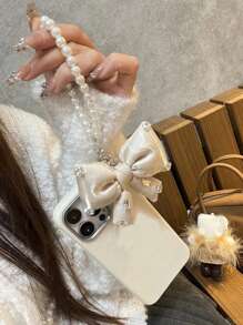 Korea Cute 3D Ribbon Bow Pearl TPU Phone Case For IPhone16 16 15 14 13 12 11 Pro Max Lovely Matte Shockproof Soft Cover Coque - White - View 3