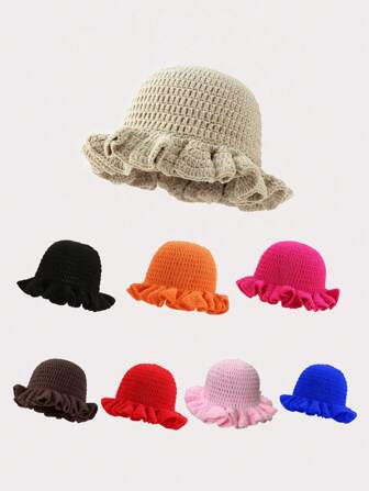 1 件女士优雅手工编织帽子，带荷叶边蕾丝花边，经典休闲舒适温暖无弹性亚克力渔夫帽，适合日常穿着户外活动派对表演冬季和新年的完美礼物