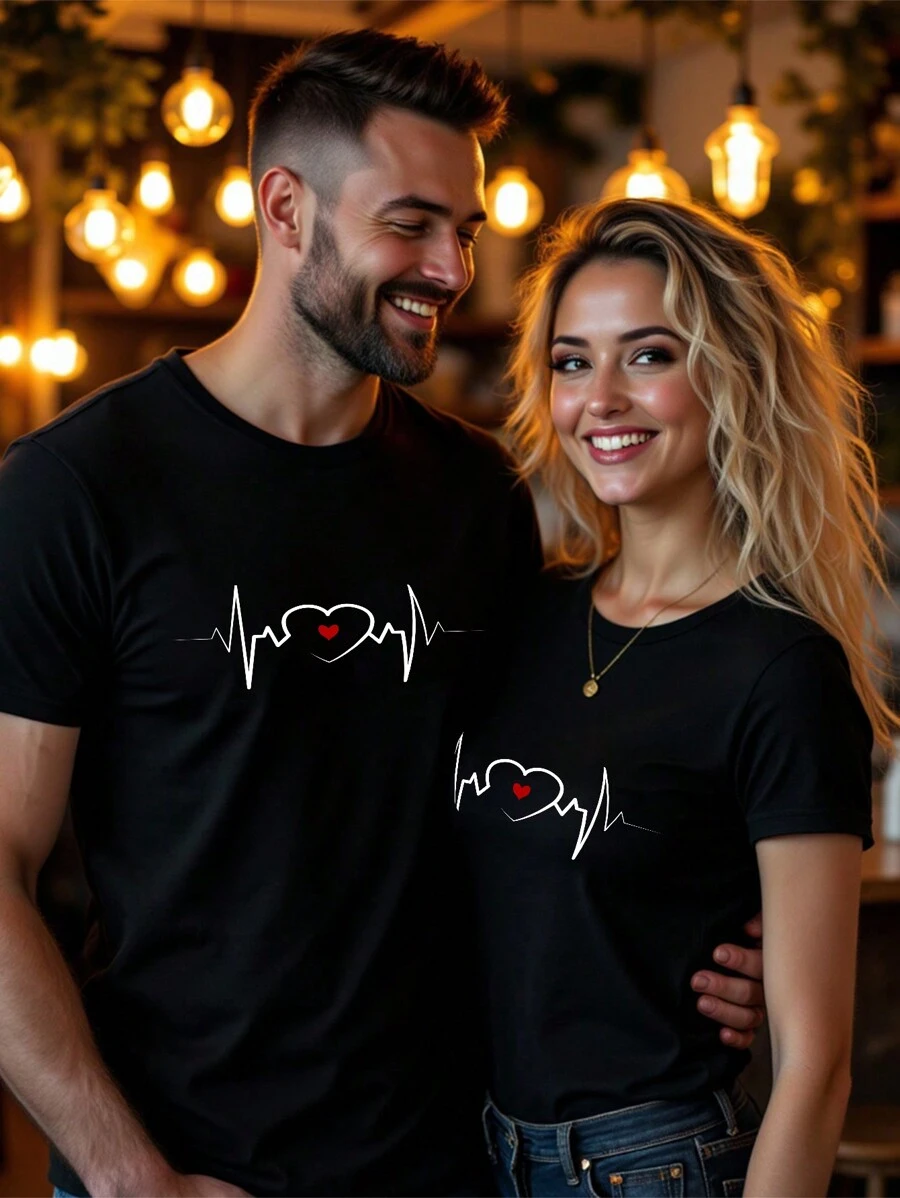 1pc Casual Valentine's Day Couple's Line Graffiti Heart & Letter Print Short Sleeve T-Shirt, Fitting Style, Unisex Design, Suitable As Gift To Boyfriend - Black - View 1