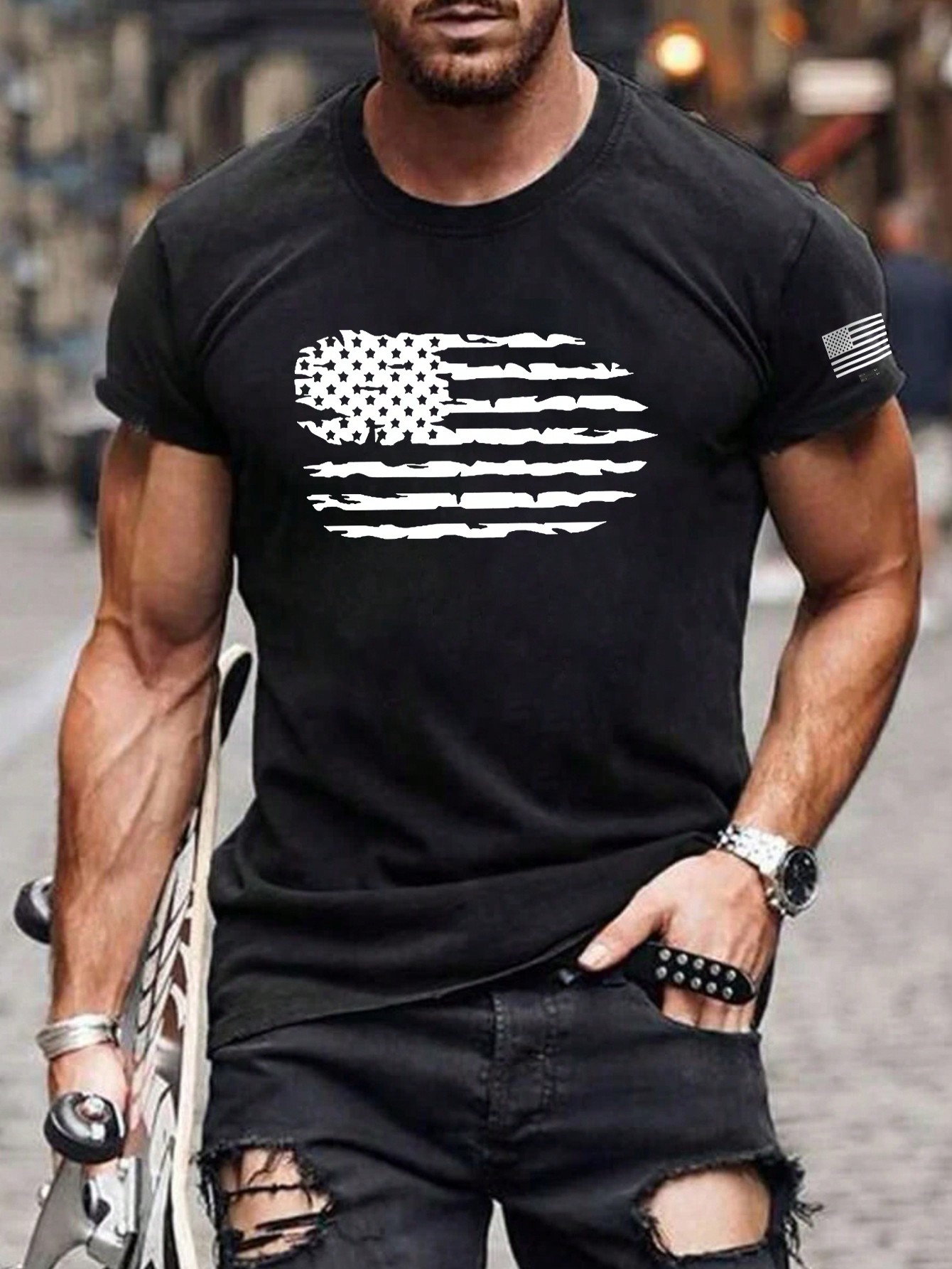 Men's Summer Casual Round Neck Short Sleeve T-Shirt With American Flag Print