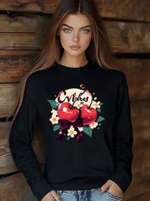 Women Street Retro Style Bow Cherry Letters T-Shirt Fashion Print Long Sleeve Round-Neck Loose Fit Tops Streetwear