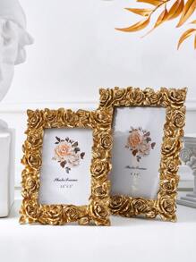 1 pieza Marco de fotos decorativo vintage europeo dorado con flores, marco de fotos de rosa, marco de sobremesa dorado, marco de fotos tallado, marco decorativo, marco de fotos, marco de imagen, marco de exhibición de fotos para el hogar, uso horizontal y vertical, con 1 papel insertado al azar, para exhibición de fotos y decoración del hogar - Dorado - Ver 5