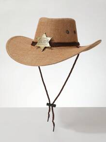 1 pièce Chapeau de cowboy unisexe occidental avec insigne amovible, chapeau de soleil Panama à large bord, protection solaire d'été, chapeau de plage, convient pour les événements de cowboy occidental, les festivals, les performances sur scène, l'ombrage au soleil, pour toutes les saisons