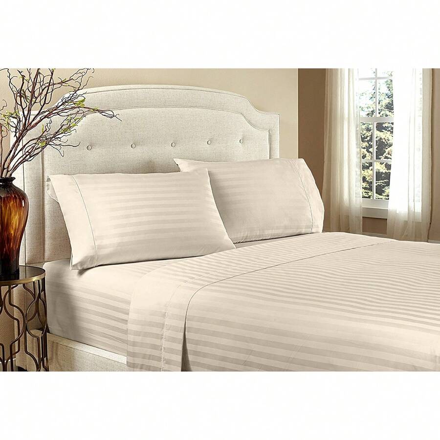 Hotel Collection 1800 Super Soft & Wrinkle Free Luxurious Stripe 6-Piece Sheet Set With Extra Pillowcases - Màu nâu nhạt - Xem 1