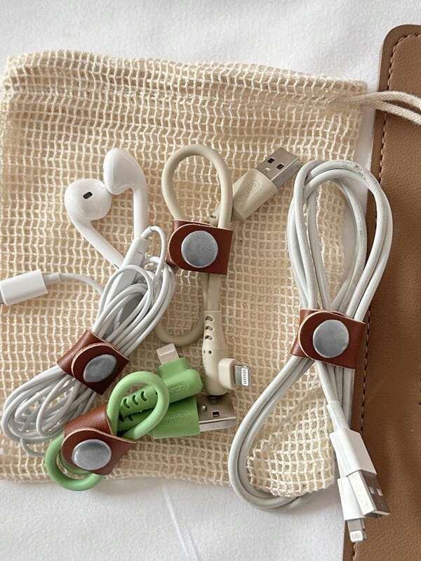 1Pc Data Cable Tie Headphone Leather Wrap Power Cord Storage Leather Buckle Snap Type Tie