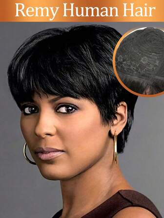 Pixie Cut Wig With Bangs Short Human Hair Wigs For Women Brazilian Virgin Human Hair Wig Glueless Pixie Wig Layered Wavy Short Hair Wigs Natural Black Wig Short Curly Human Hair Wig