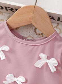 Baby Girl Buttoned Open Back Silk Pleated 3D Bow Ruffles Decor Tulle Sleeveless Pink Dress - Dusty Pink - View 4