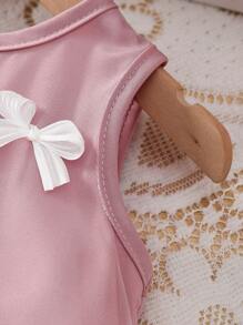 Baby Girl Buttoned Open Back Silk Pleated 3D Bow Ruffles Decor Tulle Sleeveless Pink Dress - Dusty Pink - View 6