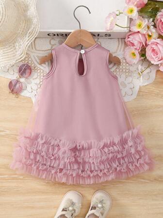 女婴纽扣露背真丝褶皱 3D 蝴蝶结荷叶边装饰薄纱无袖粉色连衣裙