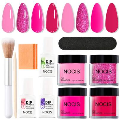 Kit de polvo de inmersión para uñas, 4 colores de rosa intenso brillante de verano con purpurina, juego de líquido reparador con bandeja reciclable para arte de uñas francesas en salón o DIY en casa, manicura para el Día de San Valentín, uñas acrílicas postizas