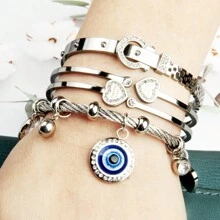 3-In-1 Set: Rhinestones Embedded Double LOVE Stainless Steel Bracelet, & Fashionable, With Romane Braided Steel Wire Bracelet Accessory, Great Gift