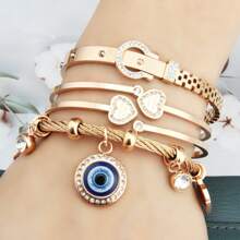 3-In-1 Set: Rhinestones Embedded Double LOVE Stainless Steel Bracelet, & Fashionable, With Romane Braided Steel Wire Bracelet Accessory, Great Gift