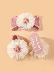 1 件头带和 1 双袜子套装，0-6 个月婴儿弹力提花尼龙头带和花卉装饰袜子，新生儿头饰礼物 - 彩色 - 查看 10