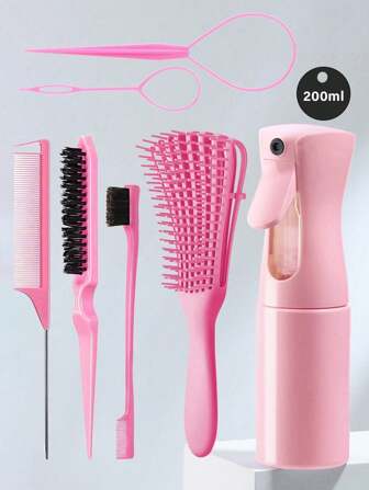 1/3/7pcs Hair Brush Comb Set, 200ml Spray Bottle,Hair Braiding Loop,Teasing Hair Brushes Rat Tail Combs Edge For Girl,Long Rat Tail Comb Bone Tip Sharp End Braid Divider Parting Hair Dye Comb Brush,Detangling Brush For Curly Hair, Black Hair Detangler, Afro Textured 3a To 4c Wavy, For Wet/Dry/Long Thick Curly Hair, Exfoliating Your Scalp For Beautiful And Shiny Curls(Black,Pink,Plupre)