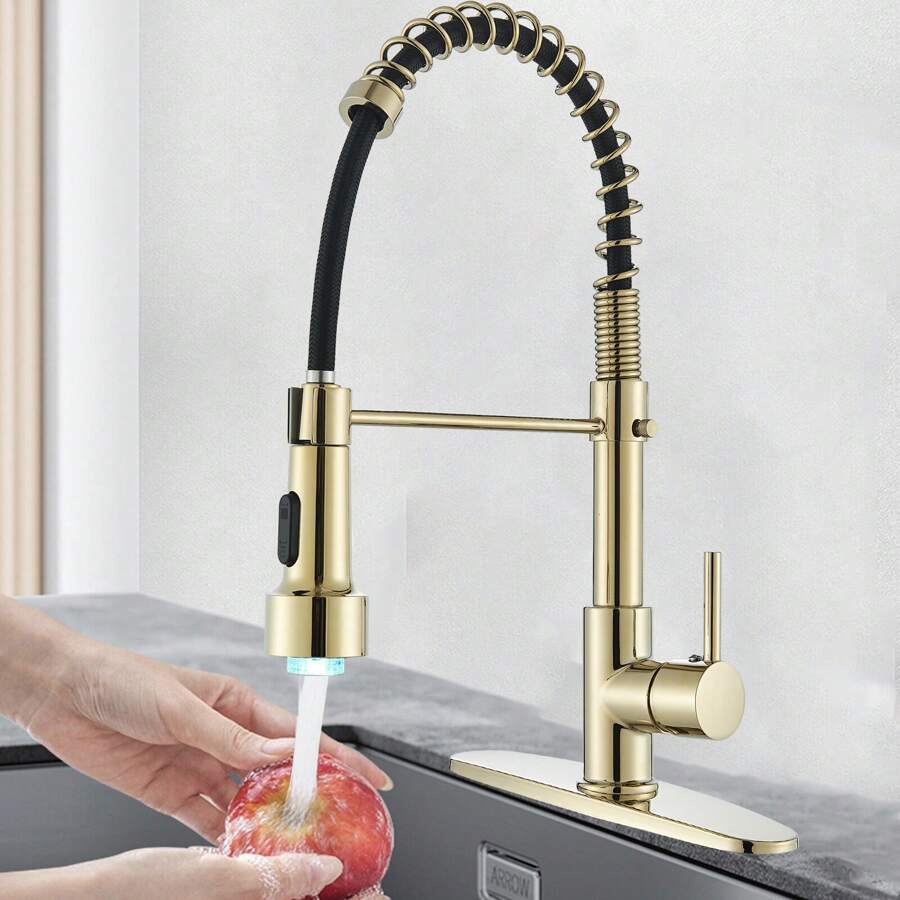Kitchen Faucet With Pull-Down Sprayer Brushed Gold Finish LED Lighting Single-Handle 1-Hole Or 3-Hole Design Spring-Action Kitchen Sink Faucet Includes Countertop Cover Plate Suitable For Farmhouse Style/RV/Bowl Sinks - Gold - View 1