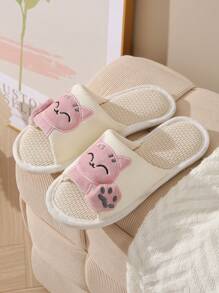 1 Paar Damen Hausschuhe mit Glückskatzen Design, Bequeme, lässige offene Zehenpartie, atmungsaktiv, weiche Sohle, Paar-Hausschlappen, geeignet für alle Jahreszeiten