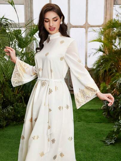 QIANZHIDU 女士斋月连衣裙优雅朴素金色印花修身礼服