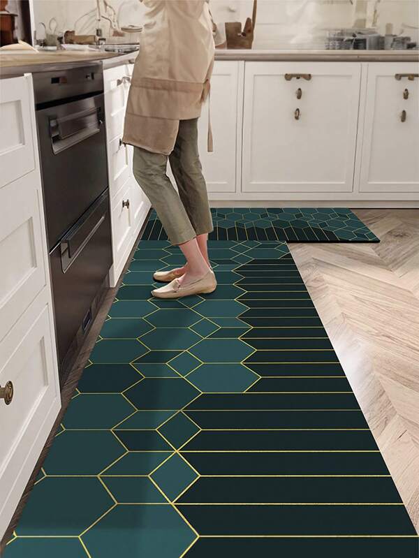 1 peça de tapete de cozinha com estampa poligonal verde escuro, antiderrapante e resistente a manchas, adequado para decoração de ambientes, sala de estar, banheiro, tapete de quarto, capacho, tapete de área e carpete externo, feito de material de fibra de poliéster, fácil de limpar e lavável à máquina, adequado para todas as estações e feriados.