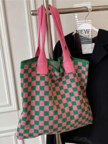 1 szt. Hollow Bag Color Blocking Crochet Handbag Torba na ramię Duża pojemność Modna torba plażowa Uniwersalna torba dojazdowa Duża pojemność Dzianinowa torba typu hobo Uroczy wzór serca Torba typu tote Damska codzienna torebka szydełkowa na ramię Portfel Y2k Prezent, codzienny urlop, torba plażowa, torba na ramię, dwukolorowy wzór w kratkę, artystyczny styl Torba szkolna i torba na książki dla kobiet lub uczniów, idealna na książki, zakupy, powrót do szkoły i nie tylko