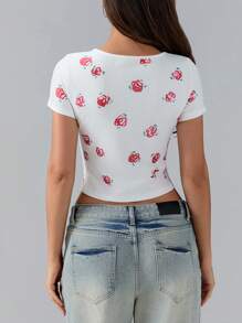 Women's Summer Fitted Crop Tops Short Sleeve Crewneck Solid Color/Pattern Print Cropped T-Shirt - 紅色 - 查看 8