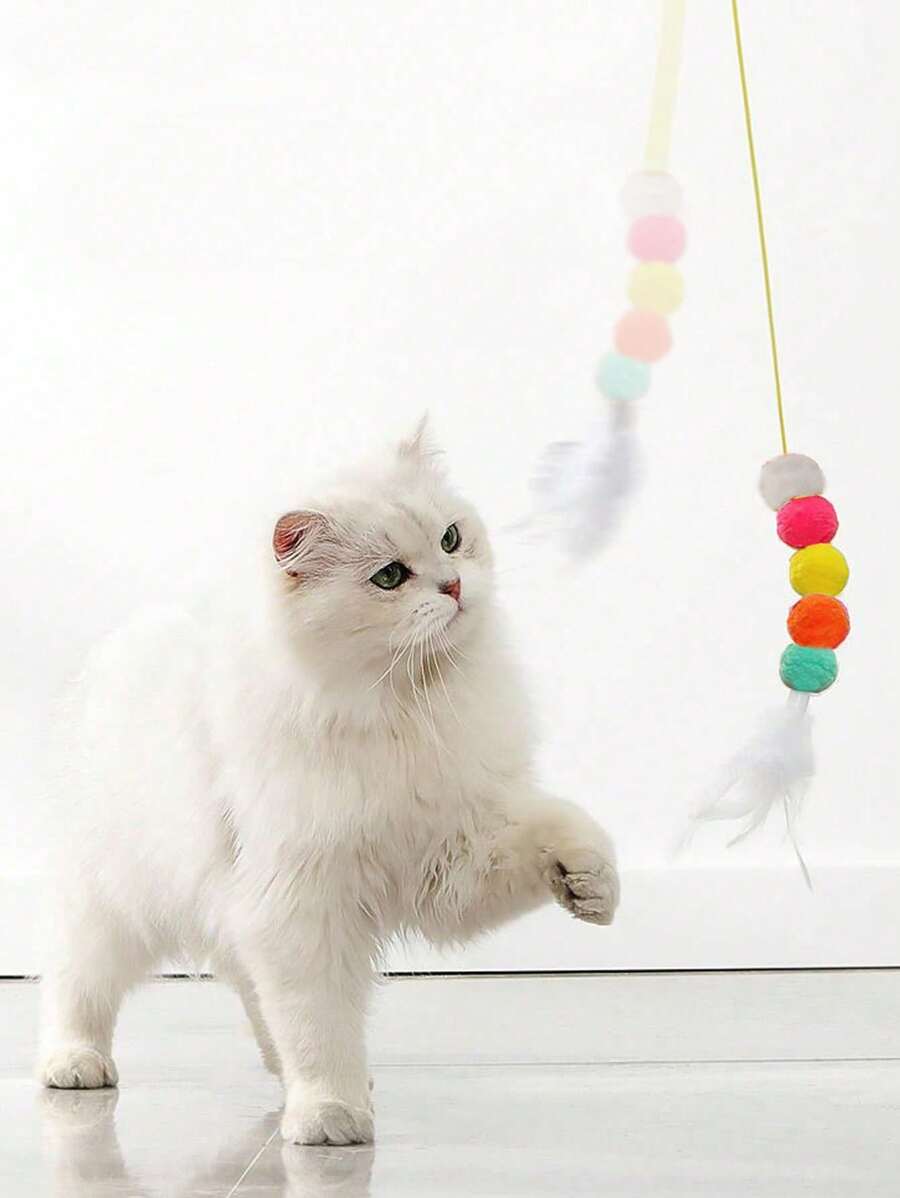1PC Treo Pom Pom Trang Trí Cat Teaser Stick - Nhiều màu - Xem 1
