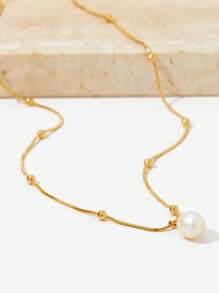 Nooxian 1pc Women Pendant Necklace, Stainless Steel Simulated Pearl Necklace, Fashionable Versatile Daily Wear Accessory (Chain & Pearl Bead Quantity Random) - Yellow Gold - View 3