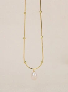 Nooxian 1pc Women Pendant Necklace, Stainless Steel Simulated Pearl Necklace, Fashionable Versatile Daily Wear Accessory (Chain & Pearl Bead Quantity Random) - Yellow Gold - View 5